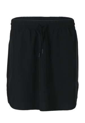 Black athletic shorts with an elastic waistband, adjustable drawstring, and a smooth texture. Side pockets included.