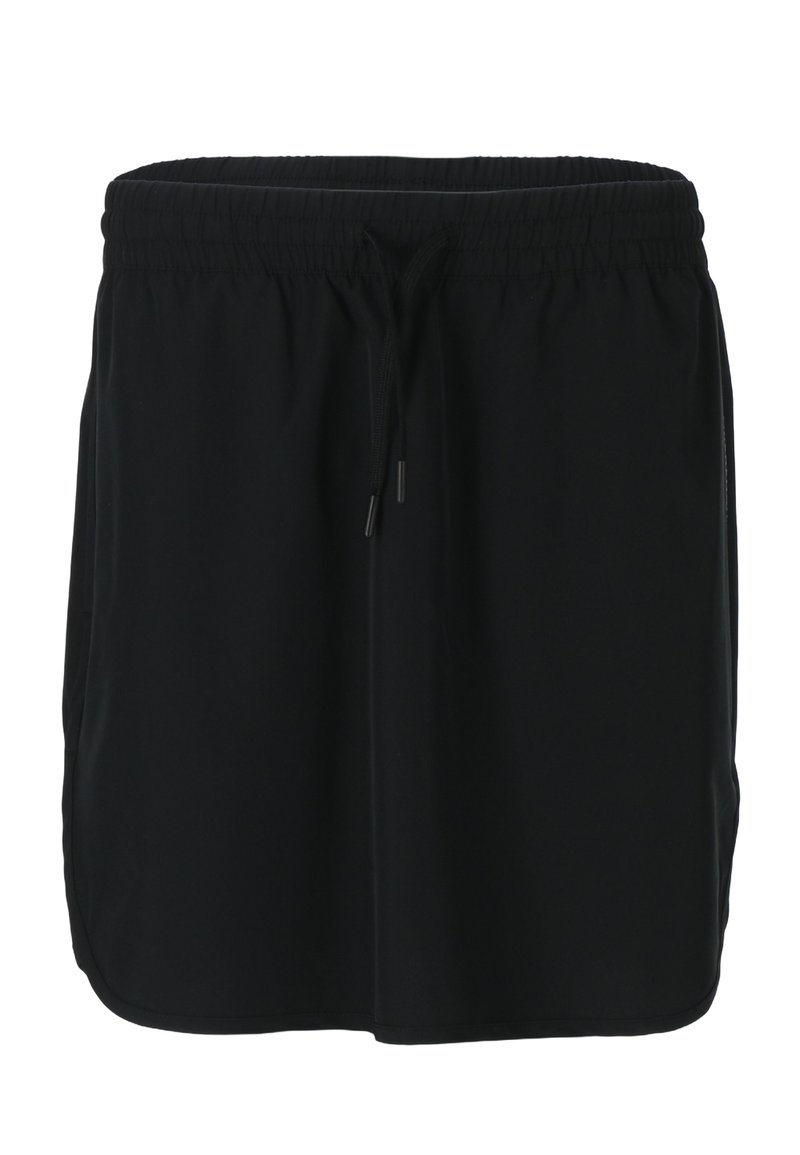 Zwart sportshort met een elastische tailleband, verstelbaar trekkoord en een gladde textuur. Inclusief zijzakken.