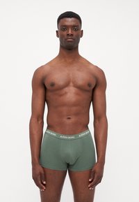 Grüne Baumwoll-Boxershorts mit einem weißen Bund, der die Marke "BJÖRN BORG" trägt. Das Modell steht frontal und zeigt einen neutralen Gesichtsausdruck.