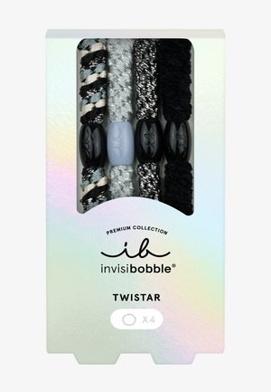 Zestaw czterech gumek do włosów Invisibobble Twistar w kolorach czarnym, srebrnym i kremowym z błyszczącymi czarnymi i szarymi koralikami, w opakowaniu detalicznym.