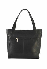 Czarna skórzana torba na ramię o gładkiej teksturze, z dwoma paskami na ramię i przednią kieszenią na zamek błyskawiczny z akcentami w złotym kolorze.