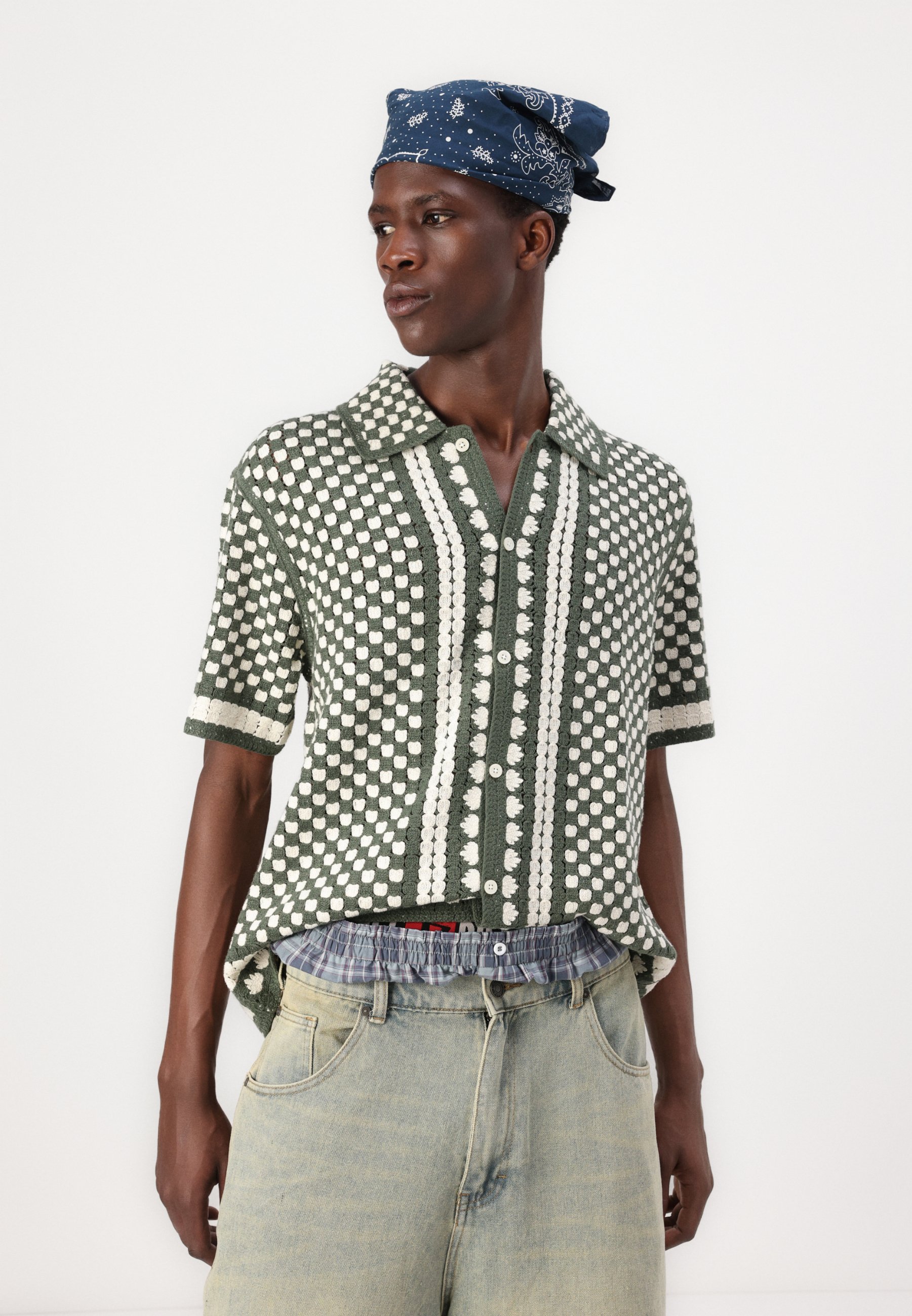 Abercrombie & Fitch Crochet-Style Border Stripe Button-Through