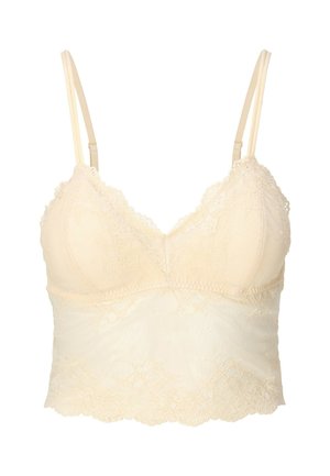 Krajkový bralet v světlém béžovém odstínu, s nastavitelnými ramínky, jemnými květinovými krajkovými detaily a hladkým spodním materiálem pro pohodlí.