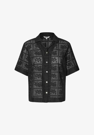 Sort kortærmet skjorte med knapper og blomstret blondermønster i firkantet gitterdesign samt klassisk krave.