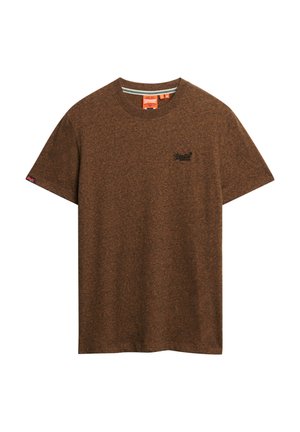 Bruine T-shirt met korte mouwen, gemaakt van gestructureerde stof, met een ronde halslijn en een klein zwart logo op de borst.