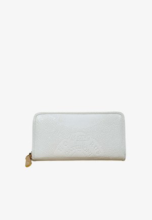 Portafoglio bianco con zip su tutto il perimetro, con motivo goffrato testurizzato e cursore della zip dorato, mostrato su sfondo bianco semplice.