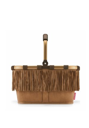 Brown suede rectangular basket with long fringe, gold handle, and a red fabric tag on the side.