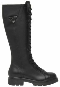 Botte noire en cuir hauteur genou avec laçage sur le devant, bout rond, surface texturée et semelle crantée. Présente un logo métallique décoratif sur le côté.