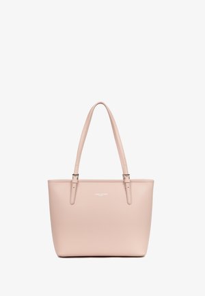 Sac fourre-tout en cuir rose clair avec deux bretelles d'épaule réglables et un petit logo embossé "Lancaster Paris" sur le devant.