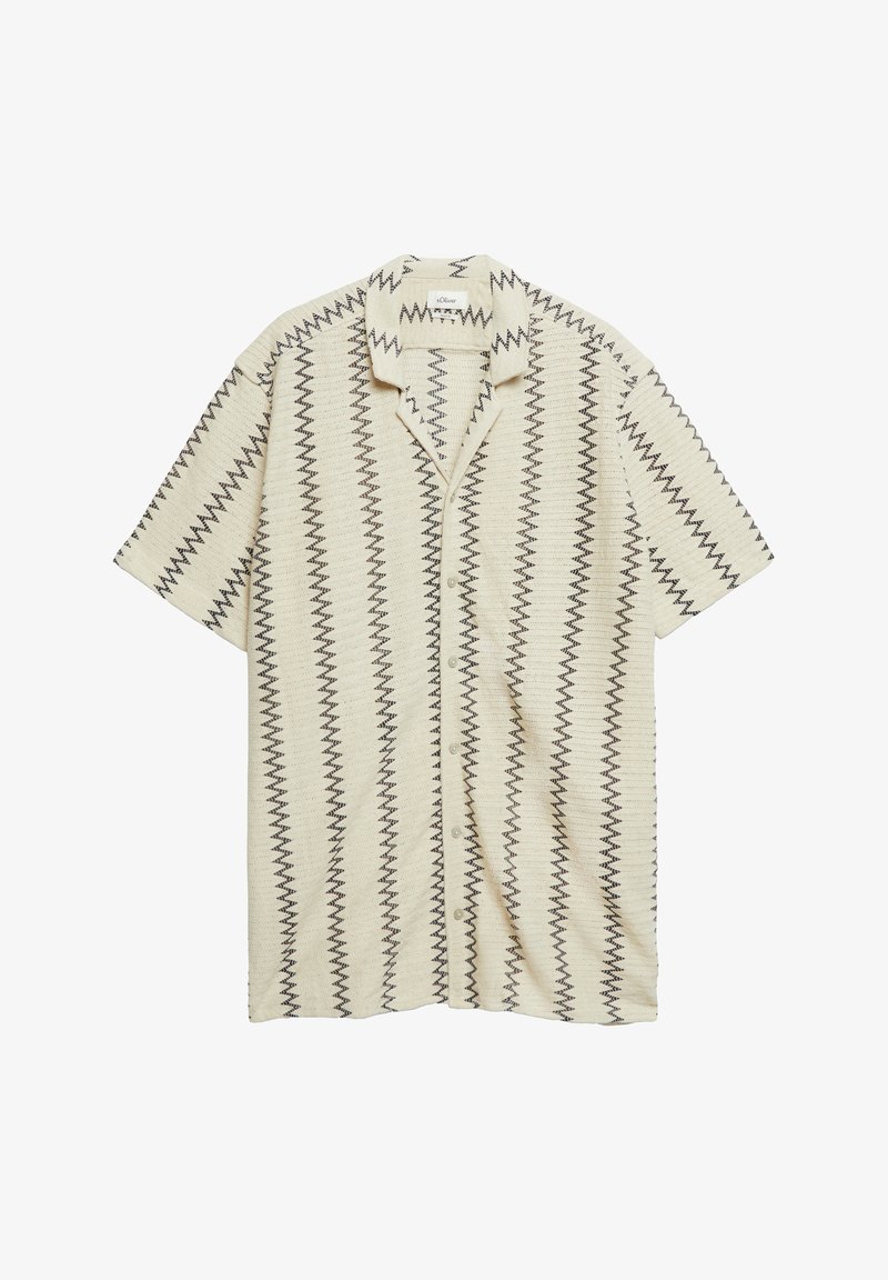Chemise crème à manches courtes avec rayures verticales noires en zigzag, boutonnée sur le devant, col camp.