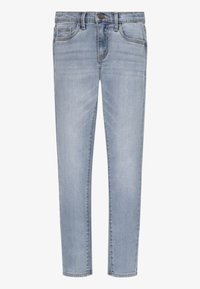 Jeans ajustados de color azul claro con diseño clásico de cinco bolsillos y cierre de botón, exhibidos sobre un fondo blanco liso.