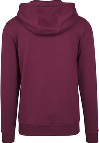 Bordeauxfarbener Kapuzenpullover mit strukturiertem Finish, ausgestattet mit einer Kordelzugkapuze, langen Ärmeln sowie Rippbündchen und -saum für einen optimalen Sitz.