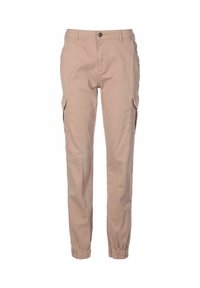 Béžové cargo kalhoty s bočními kapsami, elastickými manžetami a zapínáním na knoflík. Vyrobené z lehkého materiálu pro pohodlí a funkčnost.