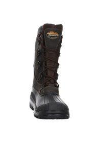 Braune wasserdichte Winterstiefel mit Gummisohle, Obermaterial aus Mesh und Leder sowie braunen Schnürsenkeln. Verfügt über einen gepolsterten Kragen und ein strukturiertes Muster.