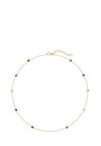 Złoty naszyjnik z delikatnym łańcuszkiem, ozdobiony kolorowymi okrągłymi kamieniami i małymi akcentami, z regulowanym zapięciem.