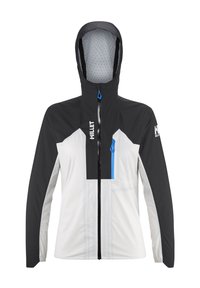 Schwarz-weiße Outdoor-Jacke mit Kapuze und Frontreißverschluss, blauer Zipper-Zug an der Brusttasche sowie "MILLET"-Logo auf der Brust und dem Ärmel.