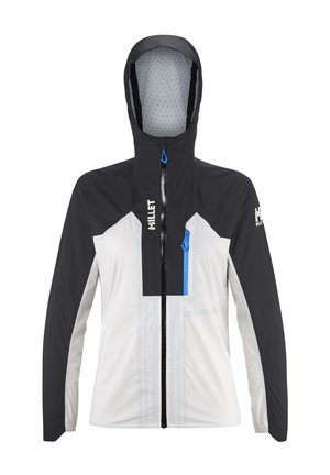 Veste d'extérieur à capuche noir et blanc avec fermeture éclair à l'avant, tirette bleue sur la poche poitrine, et logo "MILLET" sur la poitrine et la manche.