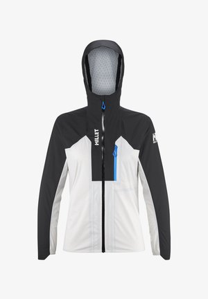 Veste d'extérieur à capuche noir et blanc avec fermeture éclair à l'avant, tirette bleue sur la poche poitrine, et logo "MILLET" sur la poitrine et la manche.