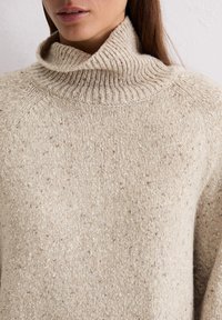 Helles beiges gestricktes Sweatshirt mit einer dicken gerippten Rollkragen, gesprenkelter Textur und Raglanärmeln. Der Stoff wirkt weich und gemütlich.