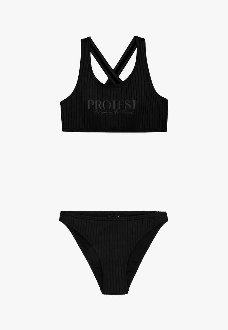 Czarny, prążkowany zestaw bikini z topem na krzyż z nadrukiem "PROTEST", w zestawie z dopasowanymi, niskimi majtkami. Gładka tekstura na całej powierzchni.