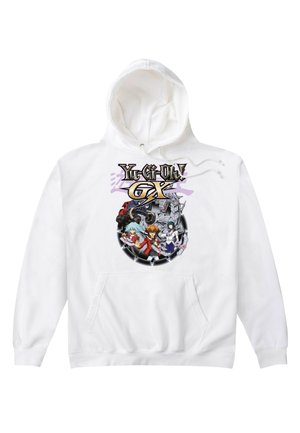 Biała bluza z kapturem z napisem "Yu-Gi-Oh! GX" i grafiką trzech postaci anime, z smokiem i pojazdem w tle.