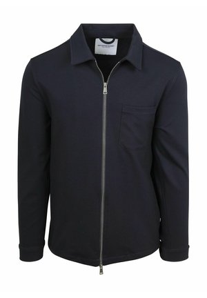 Donkerblauwe lange mouwen jas met ritssluiting, kraag en een borstzak, voorzien van een zilverkleurige rits aan de voorkant en mouwen met manchetten.