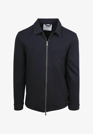 Donkerblauwe lange mouwen jas met ritssluiting, kraag en een borstzak, voorzien van een zilverkleurige rits aan de voorkant en mouwen met manchetten.