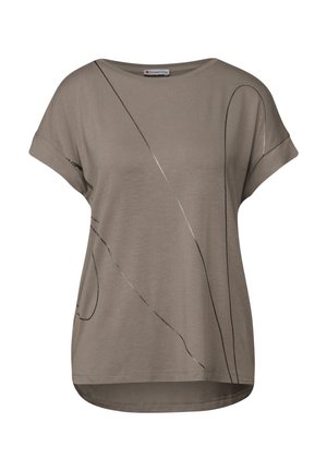 Camiseta de manga corta gris, hecha de una tela suave, con líneas abstractas en negro y plata. Corte relajado con un dobladillo redondeado.