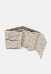 Bi-fold wallet made of textured cream leather with a repeating leaf pattern. Features card slots, a coin pocket, and gold hardware accents.
