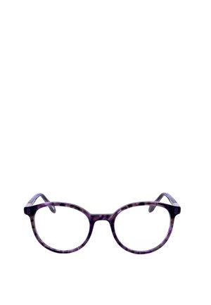 Montatura rotonda per occhiali in tartaruga viola con aste sottili, esposta su sfondo bianco.