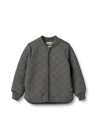 Tikkitakki harmaana, jossa on etuvetoketju, resorikaulus ja -hihansuut, pyöristetty helma sekä pieni merkkilappu alareunassa.