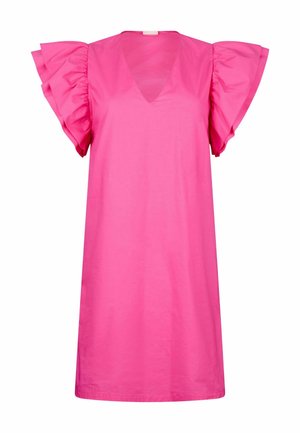 Pink cotton dress with a V-neck and ruffled short sleeves. Smooth texture, knee-length design, and loose fit.