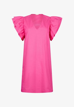 Vestido de algodón rosa con un escote en V y mangas cortas con volantes. Textura suave, diseño a la altura de la rodilla y corte holgado.