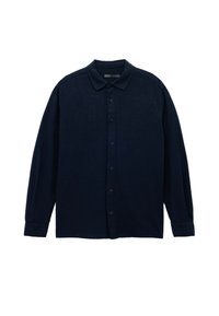 Mørkeblå langærmet skjorte med knapper og krave, lavet af letvægtsstof, med en afslappet pasform og en subtile tekstur.