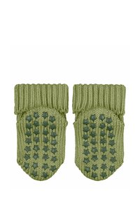 Ein Paar grüne, gestrickte Fäustlinge mit gerippten Bündchen, die sternförmige Gummigrip-Muster auf den Handflächen aufweisen.