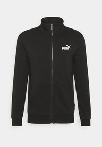 Black zip-up jacket made of smooth fabric, featuring a high collar, front pockets, and a white Puma logo on the left chest.