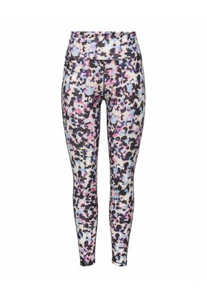 Leggings taille haute avec un motif abstrait multicolore en noir, rose, violet et bleu sur fond blanc.