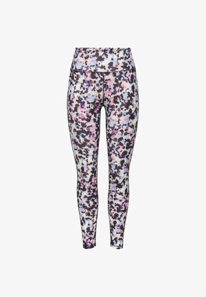 Leggings taille haute avec un motif abstrait multicolore en noir, rose, violet et bleu sur fond blanc.