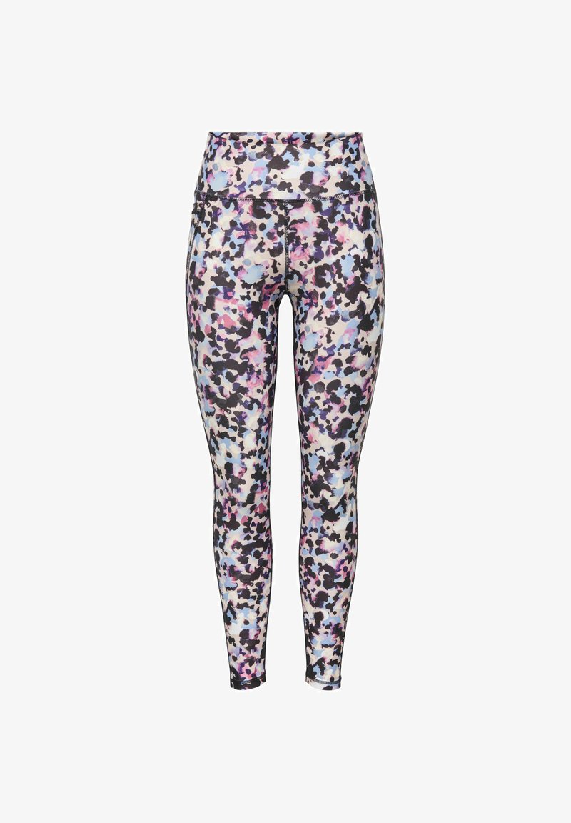 Leggings taille haute avec un motif abstrait multicolore en noir, rose, violet et bleu sur fond blanc.