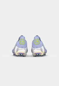 Purple soccer cleats featuring a glossy finish, textured back, and bright green logo on the heel. Studded sole for traction.