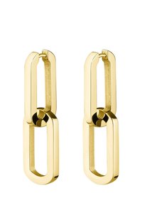 Pendientes de eslabones en tono dorado que presentan un diseño rectangular pulido con un detalle de conexión circular. Textura suave con un acabado brillante.