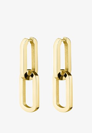 Boucles d'oreilles en métal doré, présentant un design rectangulaire poli avec un détail de connexion circulaire. Texture lisse avec une finition brillante.