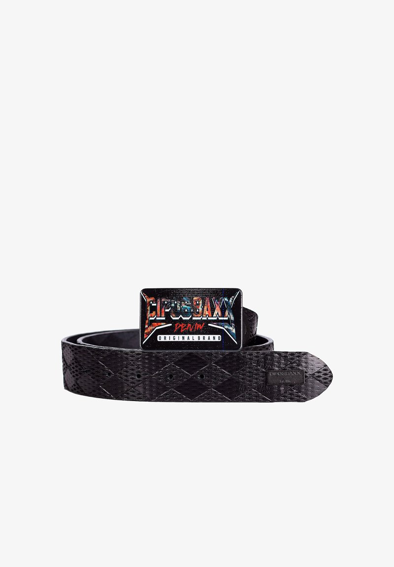 Black leather belt featuring a diamond pattern, a rectangular metallic buckle with a multicolored logo, and a smooth texture.