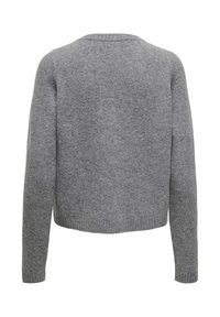 Pull gris en laine avec un col rond et des manches longues. Présente une finition texturée et douce ainsi qu'un bord-côte aux poignets et à l'ourlet.