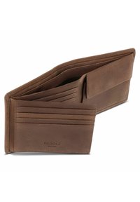 Portefeuille en cuir marron avec une surface texturée, plusieurs emplacements pour cartes et un compartiment pour les billets, arborant un logo embossé à l'intérieur.