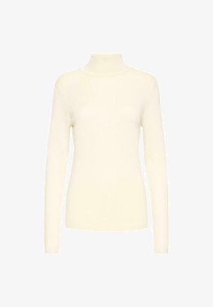 Kremni pulover z visokim ovratnikom in dolgimi rokavi, narejen iz mehkega pletenega materiala. Utesnjen kroj in gladka tekstura, brez vidnih vzorcev ali poudarkov.