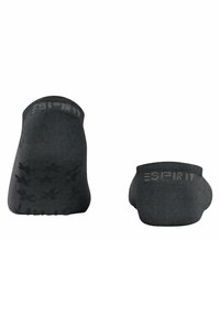 Dunkelgraue Knöchelsocken mit einem strukturierten Grippmuster auf der Sohle, mit subtiler Markenkennzeichnung am Bündchen und einer glatten Strickoberfläche.