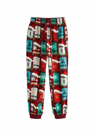 Rote Schlafhosen mit einem Allover-Muster, das farbenfrohe Bierdosen-Designs und Weihnachtsmützen zeigt. Hergestellt aus weichem Stoff mit einem elastischen Bund.
