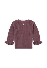 Strikket sweater i mauve med ribbet tekstur, brede lange ærmer med volangmanchetter og et lille mærke ved nakken bagpå.