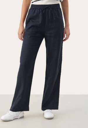 Navy blue wide-leg pants made of lightweight fabric, featuring an elastic waistband with a drawstring and two front pockets.